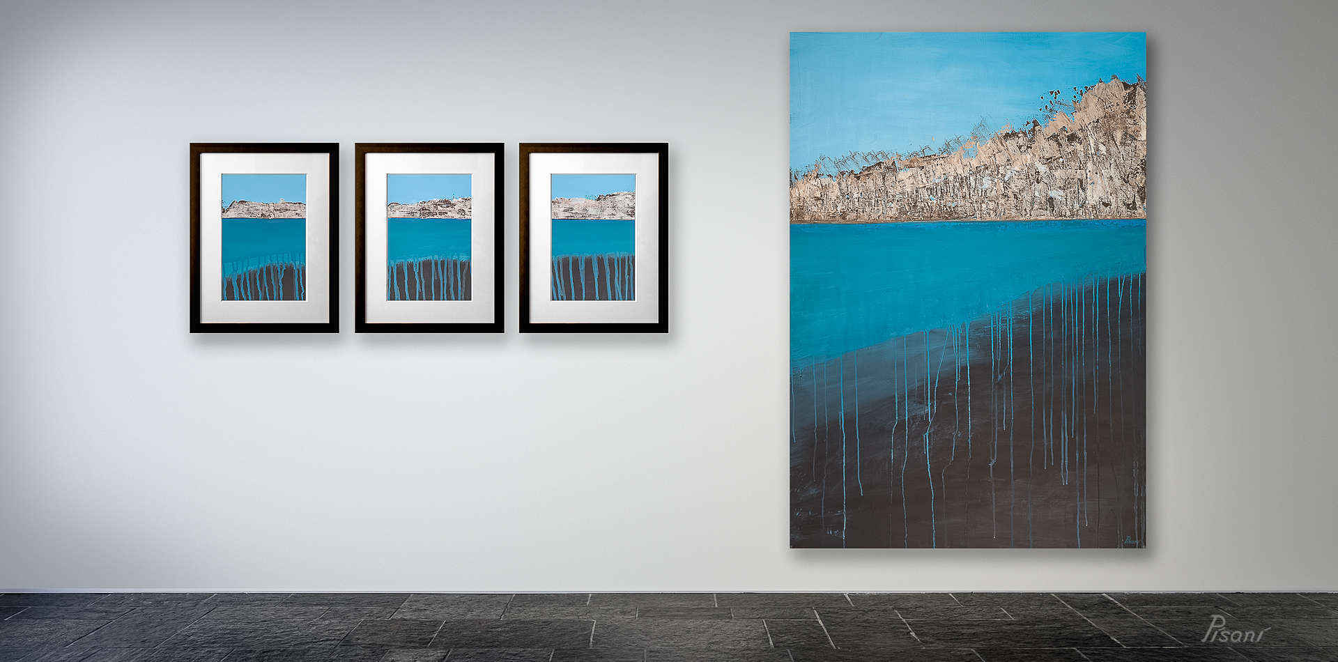 Gallery view of two contemporary, abstract landscape paintings by Joseph Pisani