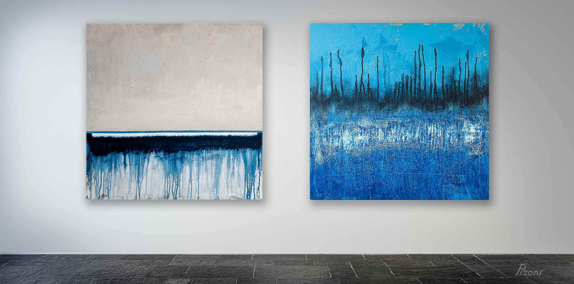 Gallery view of two abstract landscape paintings by contemporary artist Joseph Pisani